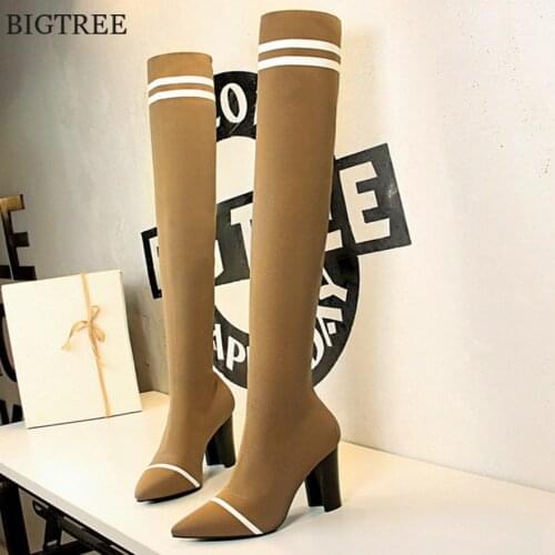 2 Colors Stretch Knitting Thick Heel Long Boots Women Fashion Over-the Knee Boots Pointed Winter Show Thin High Heels Boot Woman