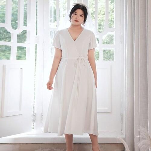 White V-Neck Short Sleeves Evening Dress Elegant Tea-Length A-Line Zipper Back Simple Ruched Plus Size Women Formal Gowns D466