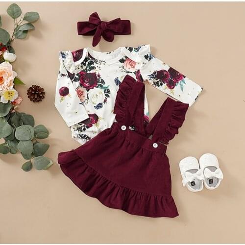 3-piece Baby Girl Clothes Toddler Floral Print Bodysuit Suspender Headband Set Newborn Infant Baby Girls Ruffled Sunflower