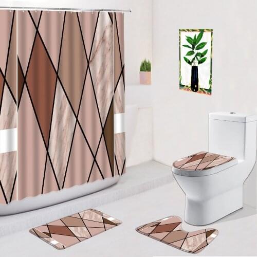 Color Marble Bathroom 4 PCS Set Shower Curtain Geometric Stripe Pattern Flannel Non-Slip Rug Bath Mats Toilet Cover Mat Curtains