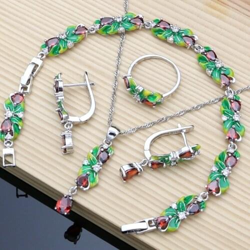 Enamel Decoration 925 Sterling Silver Jewelry Sets Drop Red Garnet Bridal Earrings Charm Bracelet Jewellry Dropshipping