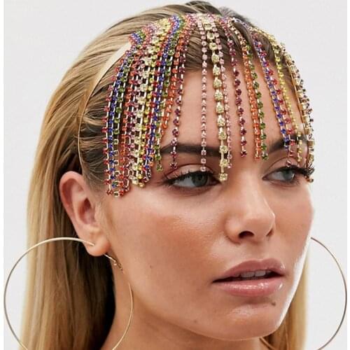 European Luxury Rainbow Rhinestone Tassel Hairband for Women Forhead Chain Fashion Crystal Bead Hairbands Women Hair Jewelry New
