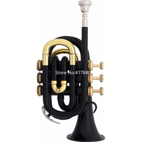 New Arrival Pocket Trumpet Bb Tune 3 Valves Pro BLACK Painted Gold Key musical instruments with Mouthpiece Case Free Shipping