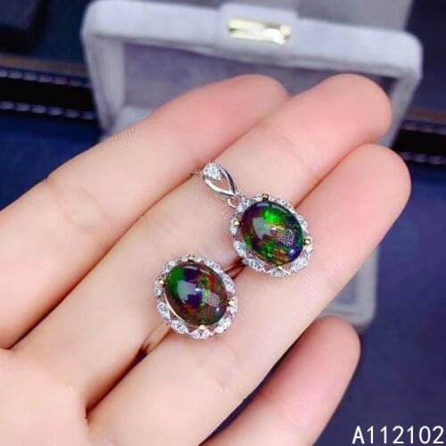 KJJEAXCMY fine jewelry 925 sterling silver inlaid natural black opal Girls' popular simple oval ring pendant set support test