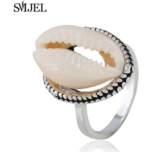 SMJEL Boho Seashell Pendant Rings for Women Natural Shell Gold Cowrie Crystal Ring Summer Beach Jewelry Gifts Anel mujer