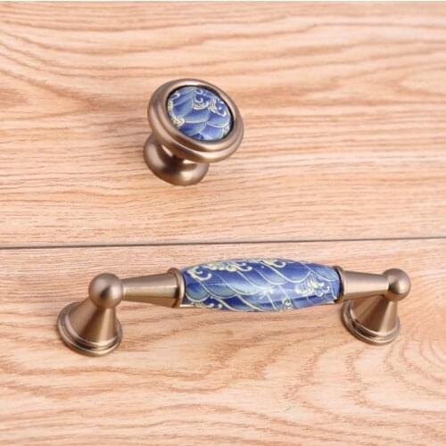 96mm creative retro blue spray ceramic dresser kitchen cabinet door handles bronze drawer tv cabinet knobs pulls 3.75" antique
