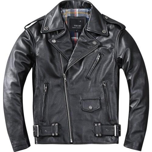 Classic Motorcycle Oblique zipper Jackets Mens Leather Jacket Natural Calf Skin Man Thick Slim Cowhide Moto Biker Jacket Spring