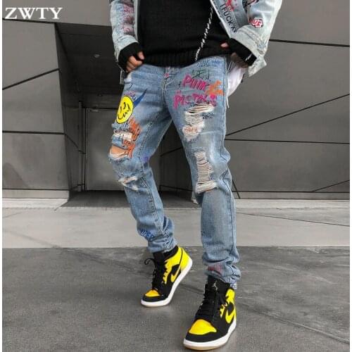 ZWTY Men Streetwear Punk Cool Graffiti Denim Pants Men Broken Hole Trousers Cute Letter Print Jeans High Street Casual Jeans