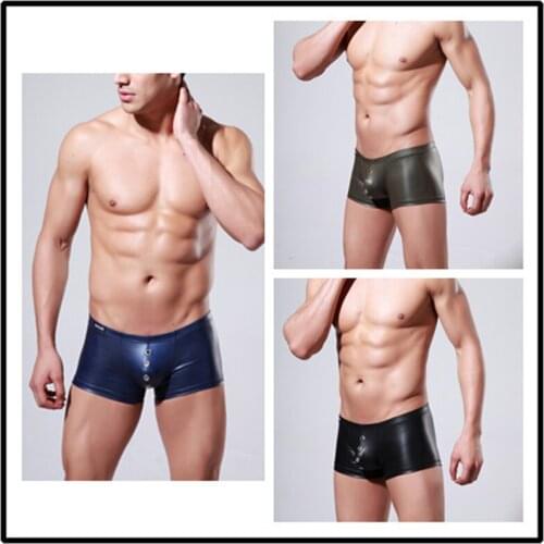 Retail Excellent 5 Color Male Sexy Elastic Faux Leather Latex Boxer Short Underwear Low Waist Gay Men Jockstrap Panties Lingerie