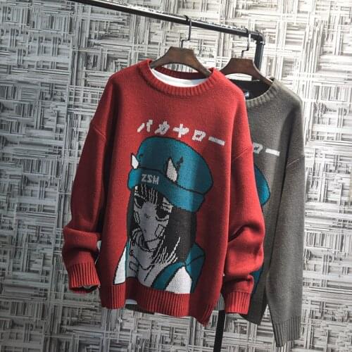 Couple Cartoon Print Sweater Japanese Knitting Pullovers Round Neck Loose Casual Lazy Autumn Winter Knitted Pullover Sweater