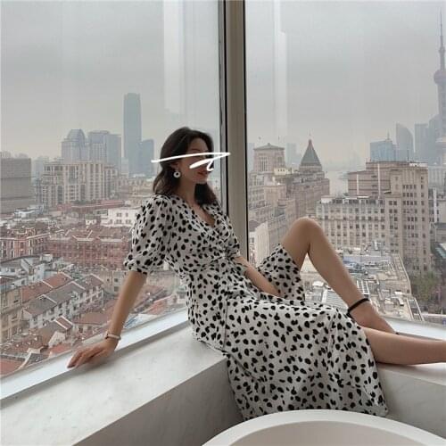 French Retro Women Chiffon Dress White Leopard Printing Sashes Wrap Dresses Office Lady Party Fashion Vestido 2021 Summer