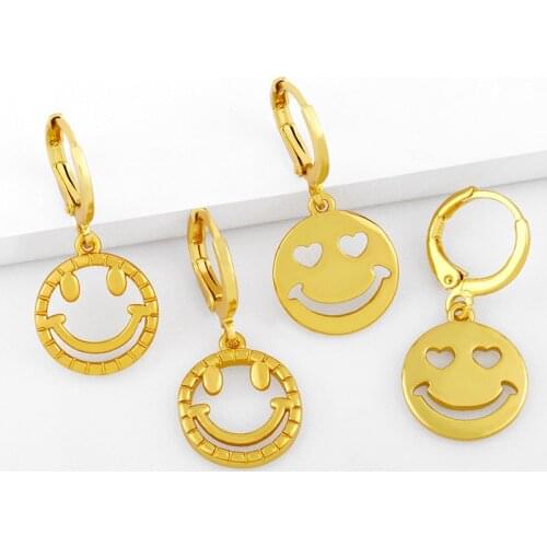 Happy Smiley Face Hoop Earrings Korean Sweet Cute Gold Color Piercing Pendant Earrings For Women Girl Friendship Jewelry Gift