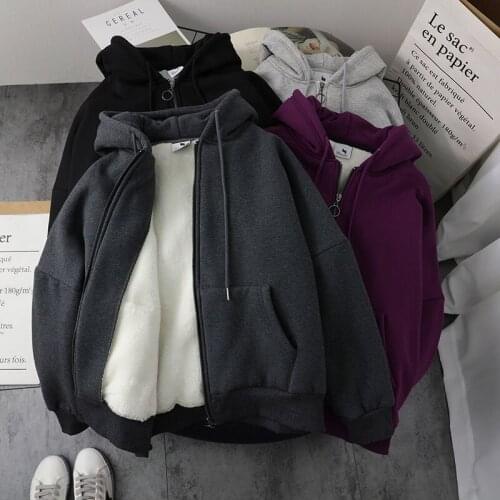 Women Hoodies Sweatshirt Velvet Pocket Loose Hot Sale Korean Student Femme Thick Warm Winter Zip-up Outerwear