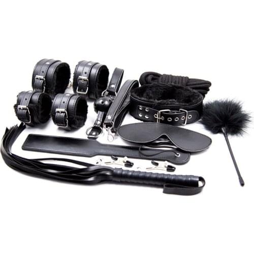 10 Set BDSM Adult Products Eye Cover Flirting Feather Rope Bondage Gear Handcuff Breast Clamps Ass Bat Mouth Gag Whip Neck Strap