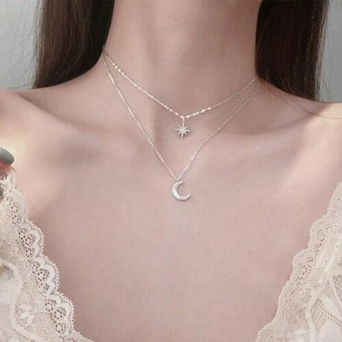 VSnow Korean Fashion Double Layer Moon Star Pendant Necklace for Women Girls Fairy Rhinestone Metallic Wedding Necklace Jewelry