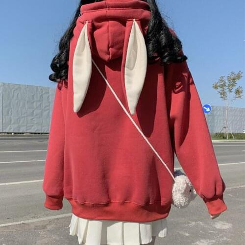 Japanese Loose Versatile Pocket Bear Three-Dimensional Cute Rabbit Ears Hooded Thick Sweatshirt Outer Wear Winter Women coat