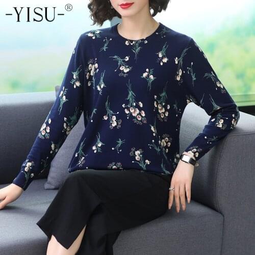 YISU Flower Print Sweater women tops Autumn Winter O-neck Long sleeve pullover casual jumper Fashion loose knitted sweater