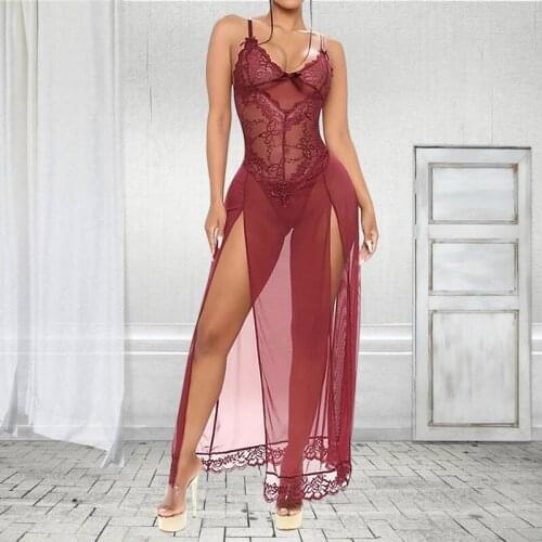 Sexy Sleepwear Lace Mesh Sling Backless Women Lingerie Home Split Long Skirt Underwear High Slit Uniform Yarn Nightgown Dress