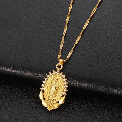 Virgin Mary Necklace Gold Color Bijoux Imitation Crystal Statement Necklace Women Fashion Pendant Catholic Jewelry