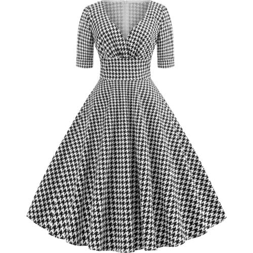 2020 Autumn Women Vintage Plaid Dress Sexy V Neck Half Sleeve Robe Retro Casual Party Rockabilly 50s 60s Houndstooth Swing Dress