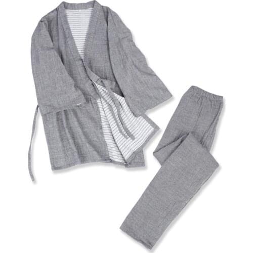 2021 man v-neck sleepwear lingerie kimono japanese steaming bath nightgown long cotton home loose bathrobe top and pants