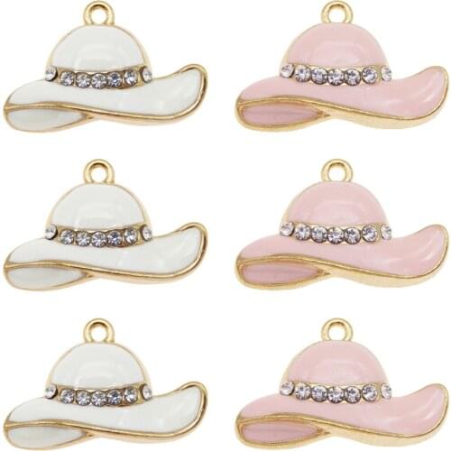 4pcs Fashion Women Hat Design Charms With Rhinestone Enamel Alloy Pendant For Bracelet Keyring Decor Craft DIY Accessory