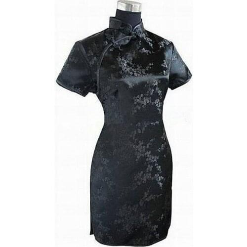 6XL Black Traditional Chinese Sexy Dress Mujer Vestido Womens Satin Qipao Mini Cheongsam Flower Plus Size