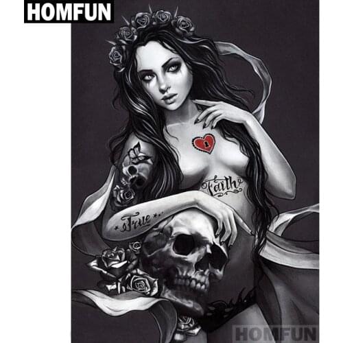HOMFUN Full Square/Round Drill 5D DIY Diamond Painting "Skull & beauty" 3D Embroidery Cross Stitch 5D Home Decor A01039