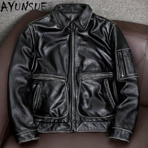 AYUNSUE Genuine Leather Jacket Men Spring Vintage Cowhide Coat Plus Size Mens Leather Jackets 5xl Fashion 2021 Chaquetas Hombre
