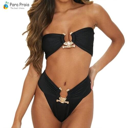 Para Praia 2021 Sexy 10 Colors Push Up Bikini Women Swimwear Metal Bandeau Thong Bikini Brazilian Swimsuit Female Bathing Suit