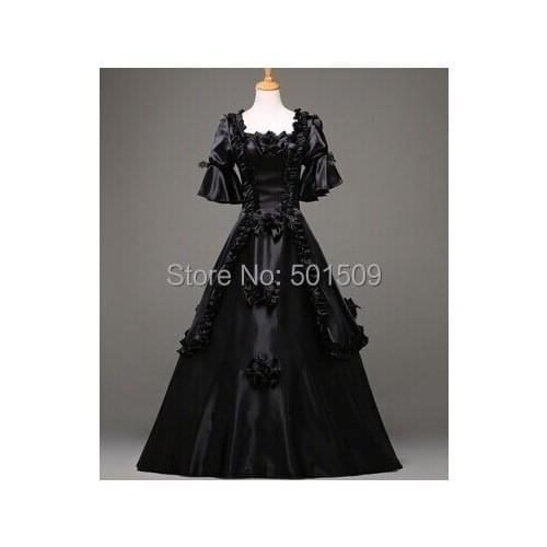 Black Medieval Renaissance ruffles floral Gown queen Dress Victorian Gothic/Marie Antoinette/civil war/Colonial Belle Ball