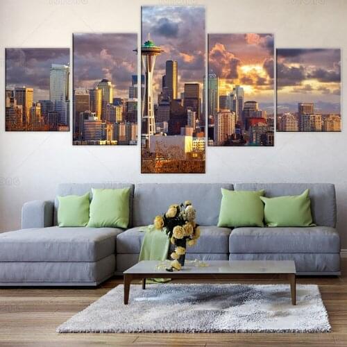 Seattle Skyline at Sunset, WA, USA Pictures for Living Room 5 Piece Canvas Wall Art Painting Home Decor Giclee poster print