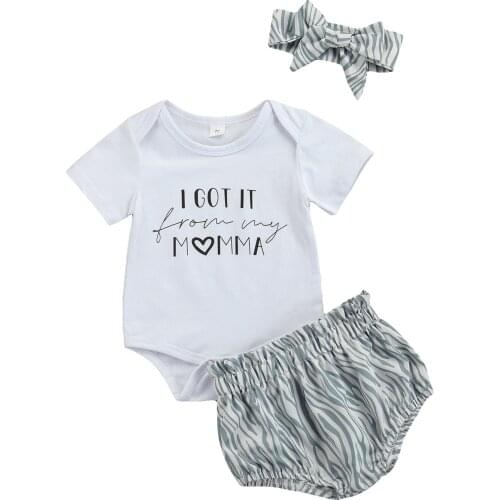 Infant Baby Girl boy Summer Clothes 3pcs Outfit Short Sleeve Letter Romper Tops and Stripe Shorts Headband 0-18M