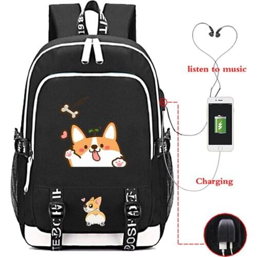 Kawaii Corgi Dog USB Charge Bags Mochila Boys Girls School Backpacks Student Book Bags Mens Womens backpack Teens Daily knapsack