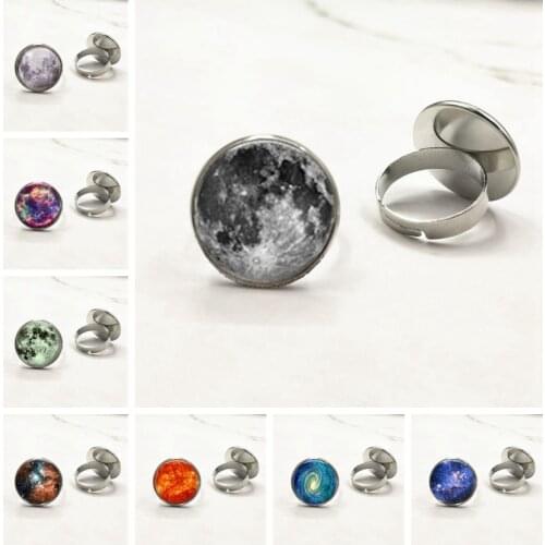 Fashion Galaxy Star Moon Glass Cabochon Ring Silver Bronze Plated Color Handmade Nebula Space Universe Rings Jewelry