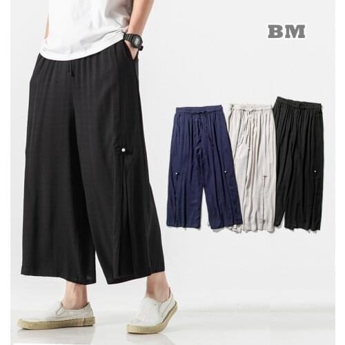 Chinese Style Hanfu Loose Linen Plus Size Casual Cropped Trousers 2021 Straight Wide-Leg Pants Summer Harajuku Hakama Men