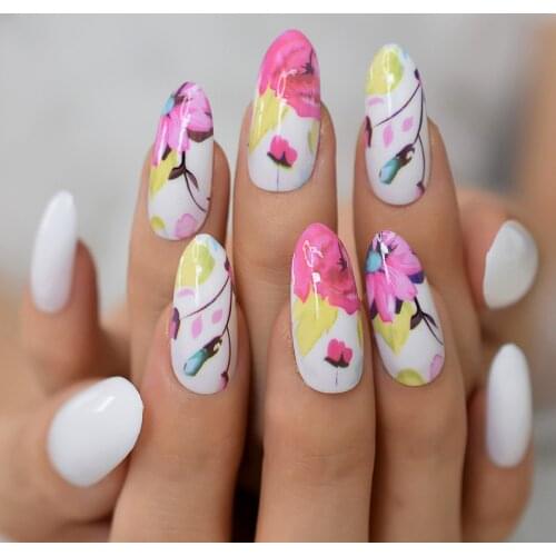 Oval Press on Nails Long Full Cover Pink Flower Pattern Fake Nails Glossy Multiple Colors Acrylic False Nails for Women Girls