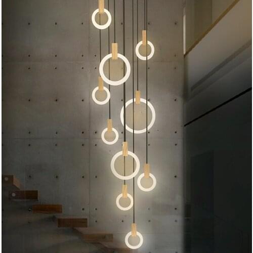 New Modern LED stair chandelier lighting For Living Room lights Wood Round Ring Hanging lamp For Hotel Decor lights Fixtures