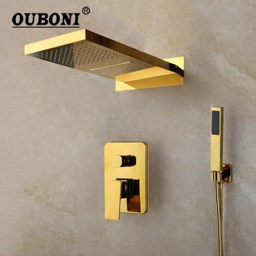 OUBONI Golden Plated Bathroom Shower Set Faucet Head Shower Hand Rainfall Spray Jets Tap 2 Fuctions Shower Set Mixer Faucet