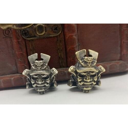 Retro Brass Japanese Samurai General Helmet Handmade Knife Bead Woven Rope Keychain Pendant Accessories Outdoor Tool EDC Lanyard