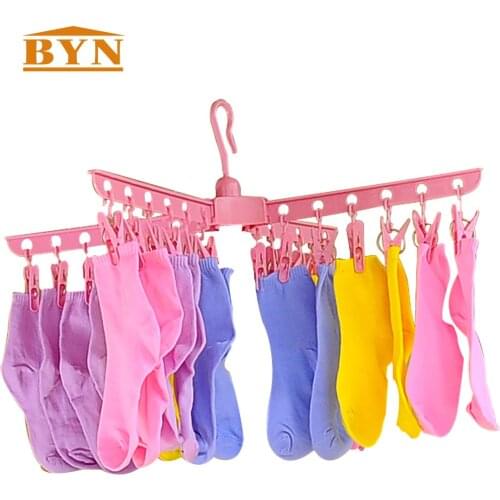 BYN Pink Multifunction Folding Plastic Socks Hanger Underwear Bra Drying Racks Hooks Portable Towel Cloth Hanger Clips DQ1002-1