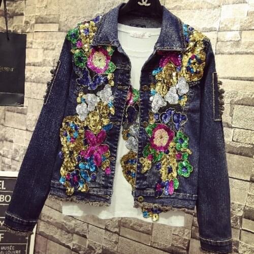 New Fashion Spring Autumn Women Colorful Floral Sequins Blue Denim Jacket Slim Long Sleeve Jeans Coat plus size 2XL