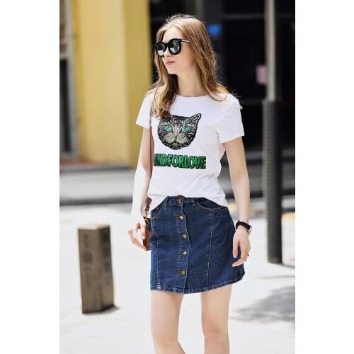 Womens 2018 summer sequins cat cartoon round neck short-sleeved fashion temperament T-shirt shirt