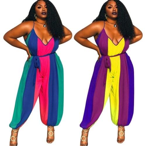 Womens Colorful Striped Jumpsuit V-neck Loose Casual Strap Rompers Long Pants Summer Women Casual One Piece Playsuit Plus Size