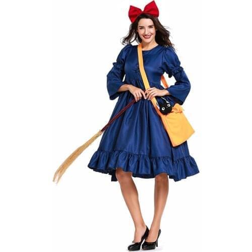 Woman Anime Kiki Cosplay Costumes Kikis Delivery Service Blue Dress Oversleeve Bowknot Bag Witch Halloween Cosplay Costumes