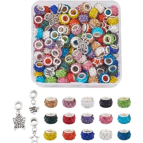 1Box Polymer Clay Rhinestone European Beads Large Hole Beads Rondelle with Silver Color Brass Cores Alloy European Dangle Beads