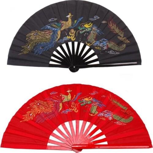 2colors bamboo black/red dragon-phoenix kung fu tai chi fans martial arts performance fitness taiji fan with bag high quality