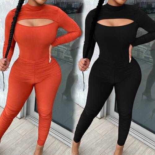 2021 Newest Women Solid Sets O-Neck Long Sleeve Hollow Out Skinny Tees High Waist Bodycon Pleated Pencil Pants Tracksuits Party