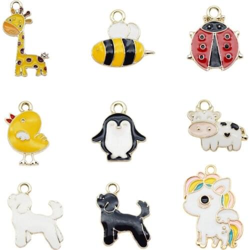 Julie Wang 1 Pack Enamel Charms Mixed Cow Dog Horse Chick Bee Alloy Cartoon Animal Insect Pendant Jewelry Making Accessory