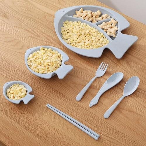 7Pcs/Set Kid Cartoon Bowl Dishes Plate Baby Feeding Box Wheat Straw Tableware Kitchen Accessories Dinnerware For Kids